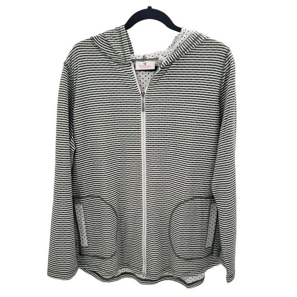 Quacker Factory Striped Hooded Knit Jacket Womens Large Green White Full Zip - Picture 1 of 12